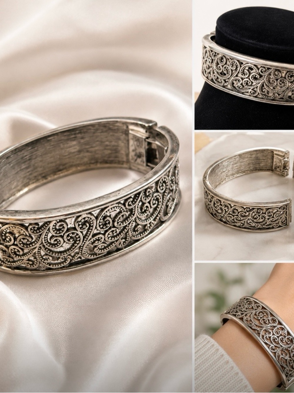 Vintage 1970s NAPIER Antiqued Silver-Tone Openwork Hinged Bangle Bracelet